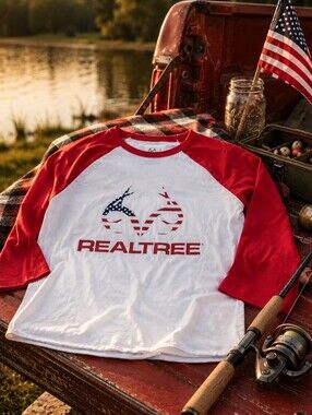 NWT Realtree Youth L 10-12 Patriotic Flag Logo Raglan T-Shirt Boys Americana